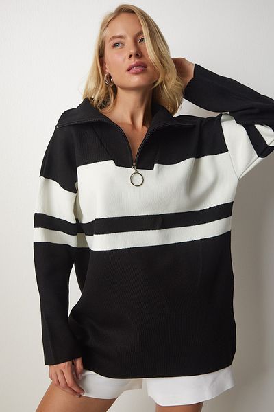 Happiness İstanbul Schwarzer Damen-Strickpullover mit Reißverschlusskragen und Streifen US00700