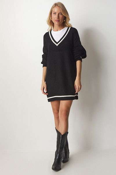 Happiness İstanbul Schwarzes, langes, übergroßes Strick-Sweatshirt mit V-Ausschnitt für Damen, BP00140