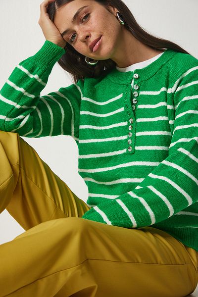 Happiness İstanbul Women's Vibrant Green Buttoned Lapel Striped Knitwear Sweater LX00040