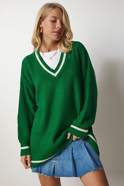 Happiness İstanbul Tricot lung, verde, cu decolteu în V, pentru femei BP00140
