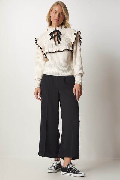 Happiness İstanbul Női krémszínű fodros masni galléros kötöttáru pulóver MT00112