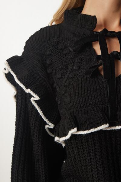 Happiness İstanbul Pulover de damă, negru, cu guler cu fundă, tricotaj, MT00112