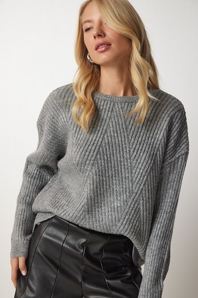 Happiness İstanbul Women's Gray Crew Neck Knitwear Sweatshirt BV00086