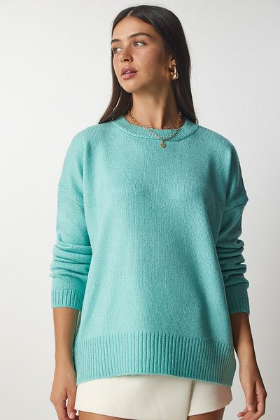 Happiness İstanbul Wassergrüner Oversize-Strickpullover mit Rundhalsausschnitt für Damen BV00085