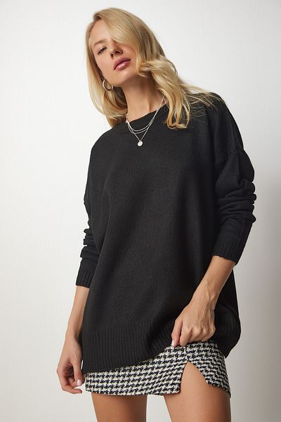 Happiness İstanbul Schwarzes Oversize-Sweatshirt aus Strick mit Rundhalsausschnitt für Damen BV00085