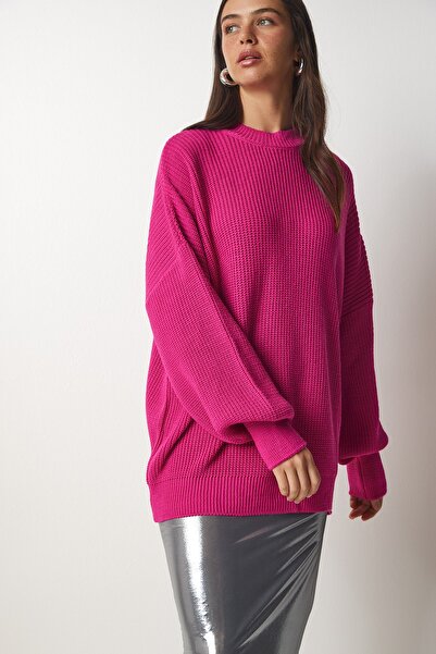 Happiness İstanbul Női sötétrózsaszín túlméretezett alap kötött pulóver mx00126
