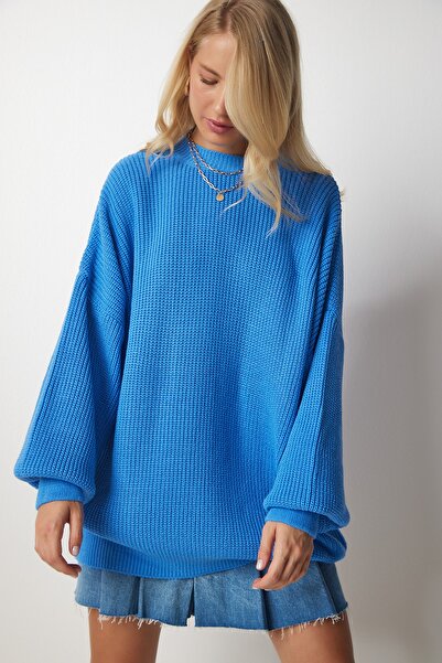Happiness İstanbul Pulover de damă Sky Blue Oversize Tricotaj de bază mx00126