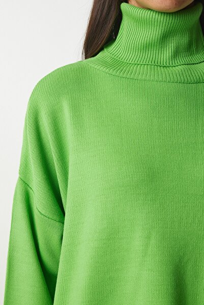 Happiness İstanbul Pulover de damă verde deschis cu gât supradimensionat din tricotaj BV00084