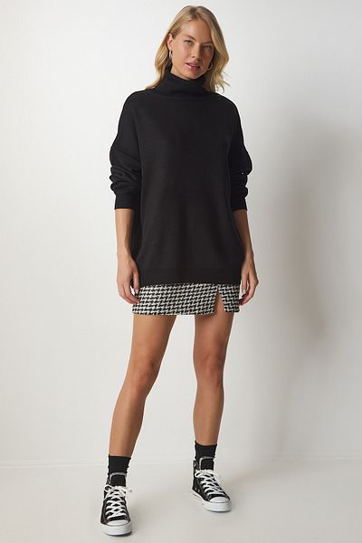 Happiness İstanbul Schwarzer Rollkragenpullover in Übergröße für Damen BV00084