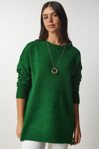 Happiness İstanbul Smaragdgrüner Oversize-Strickpullover für Damen PN00054