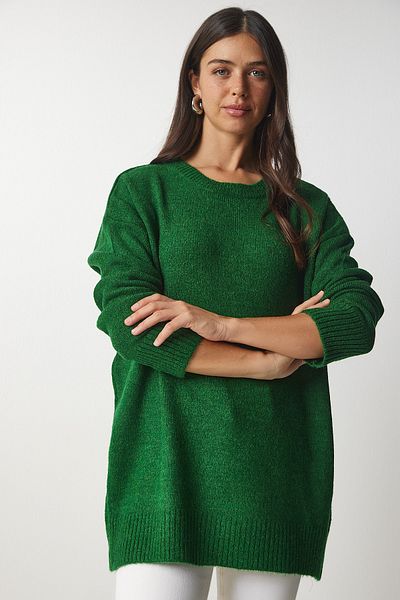 Happiness İstanbul Smaragdgrüner Oversize-Strickpullover für Damen PN00054