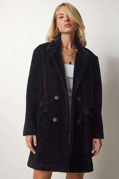 Happiness İstanbul Women's Black Rabbit Feather Look Oversize Coat MX00105