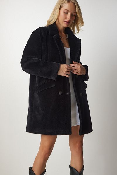 Happiness İstanbul Women's Black Rabbit Feather Look Oversize Coat MX00105