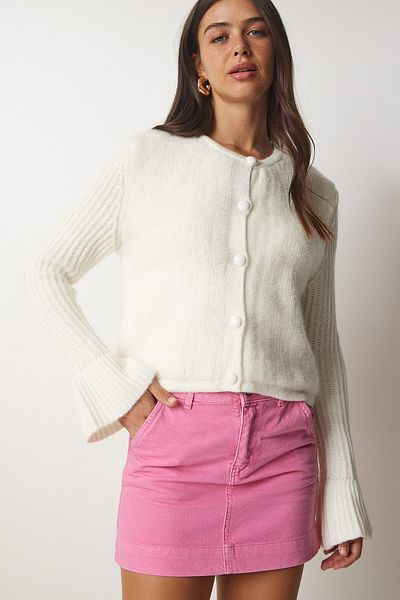 Happiness İstanbul Women's Bone Buttoned Boucle Knitted Cardigan YY00152