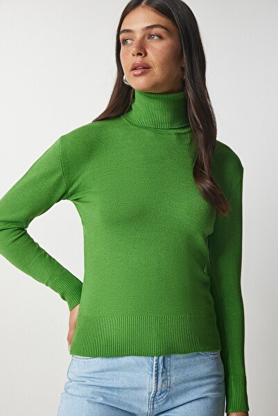 Happiness İstanbul Pulover de damă verde cu gât țesut din tricot cu nervuri bv00087