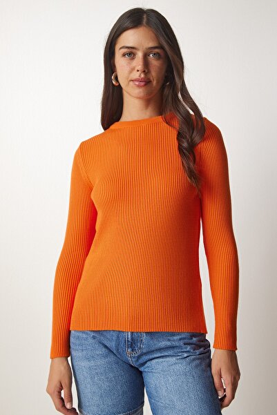 Happiness İstanbul Pulover de damă portocaliu cu gât cu nervuri tricotaje BP00147