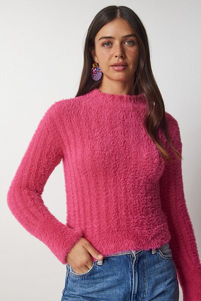 Happiness İstanbul Pulover tricot cu barbă pentru femei, roz, cu guler, NF00068