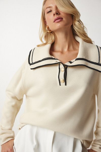 Happiness İstanbul Pulover din tricot cu guler polo crem BV00090