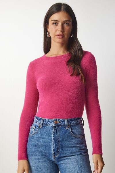 Happiness İstanbul Fuchsiafarbener Basic-Strickpullover mit Bärtchen für Damen MX00116