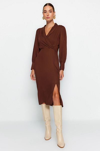 Trendyol Collection Καφέ υφαντό φόρεμα με επένδυση Midi TWOAW21EL0230