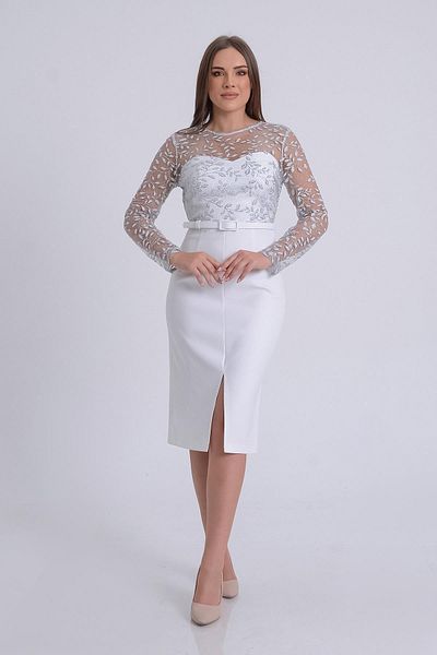 SpringStore Ecru Floral Patterned Long Sleeve Evening Dress