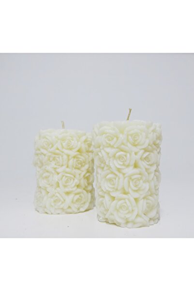 Missi 2li Ekru Gül Kabartmalı 7x8 Mum Seti