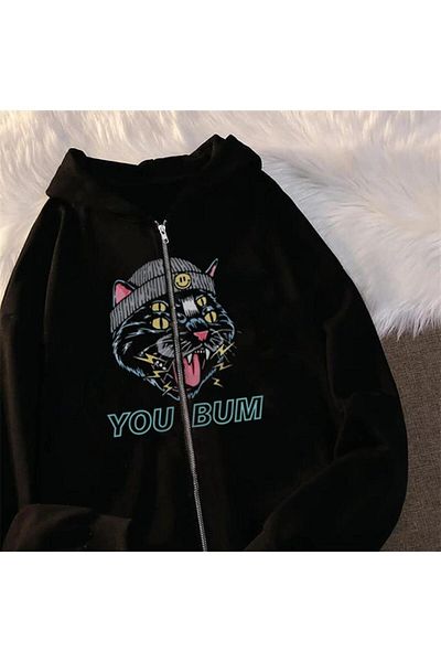 Touz Ζακέτα LAGOM FASHION You Bum Cat με στάμπα μεγάλου μεγέθους με φερμουάρ, μαύρη κουκούλα Unisex