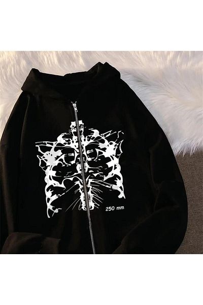 Touz Eyl Aesthetic Skeleton Printed Oversize Μαύρη ζακέτα με κουκούλα Unisex με φερμουάρ