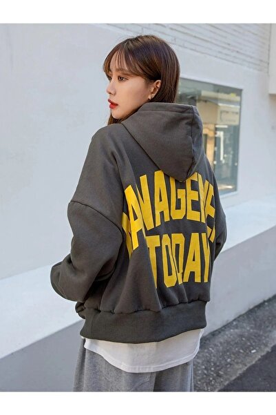 Machetta Büyük Beden Kadın Management '50' Ön ve Sırt Baskı Detaylı Kapüşonlu Cepli Sweatshirt-Hoodie