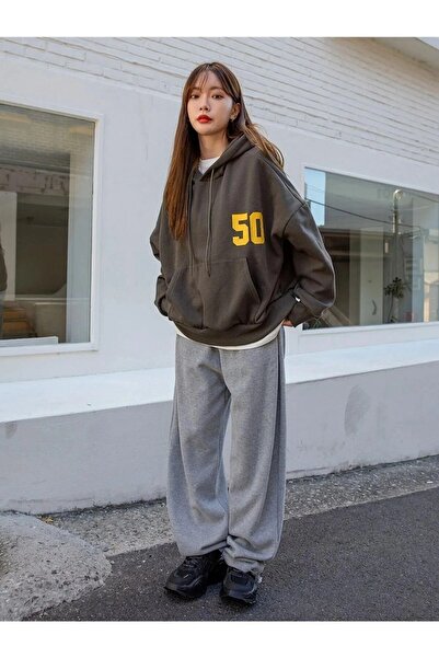 Machetta Büyük Beden Kadın Management '50' Ön ve Sırt Baskı Detaylı Kapüşonlu Cepli Sweatshirt-Hoodie