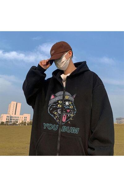 Touz Moda dompuleri moda You Bum Cat Printed Oversize Zippered Black Unisex Hooded Cardigan