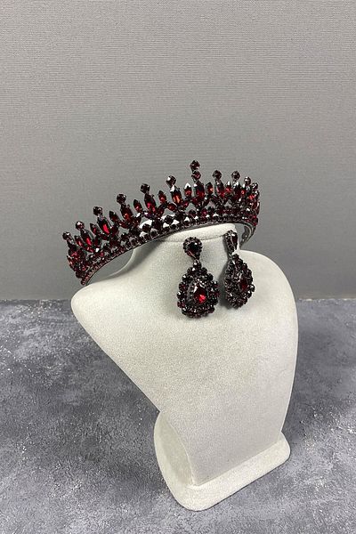 Hayalperest boncuk Petro Model Bridal Henna Crown and Shuttle Stone Earring Set Burgundy Color