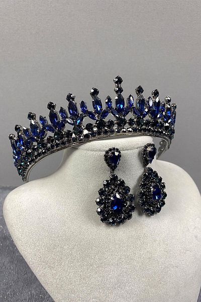 Hayalperest boncuk Petro Model Bridal Henna Crown and Shuttle Stone Earring Set Blue Color
