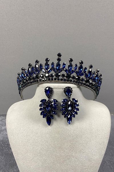 Hayalperest boncuk Petro Henna Crown Crystal Jewelled Crown and Drop Stone Earring Set Blue Color