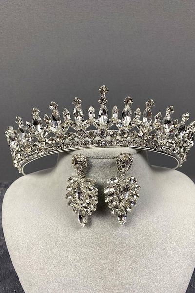 Hayalperest boncuk Petro Henna Crown Crystal Jewelled Crown and Drop Stone Earring Set Silver Color