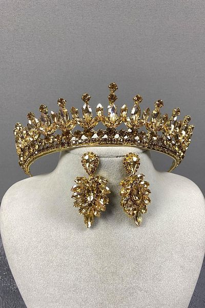 Hayalperest boncuk Petro Henna Crown Crystal Jewelled Crown and Drop Stone Earring Set Honey Color