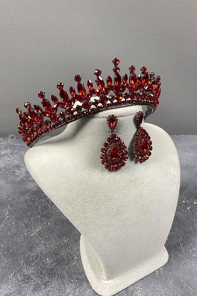 Hayalperest boncuk Petro Model Bridal Henna Crown and Shuttle Stone Earring Set Red Color
