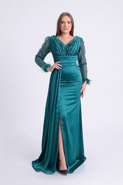 SpringStore Rochie de seara cu decolteu in V smarald cu maneci din tul
