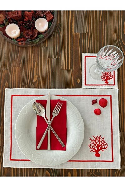 Lilies Atelier Mercan Desen Keten 6 Adet Amerikan Servis ve 6 Adet Kokteyl Pe...