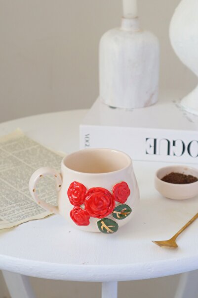 ada mia seramik Handmade Ceramic Mug with Rose Figure and 24k Gold Decoration...