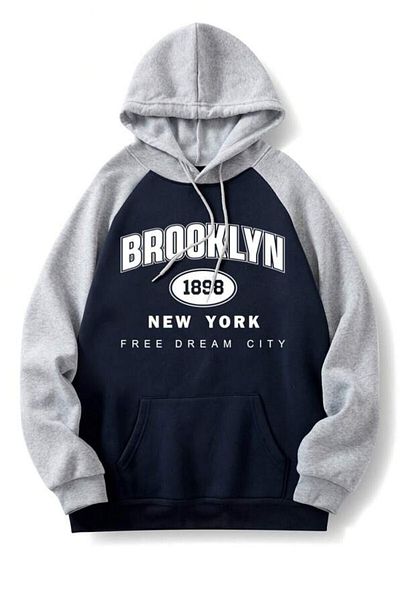 MODAGEN Sötétkék ujjú szürke pamut Brooklyn 1898 nyomtatott túlméretes kapucnis pulóver