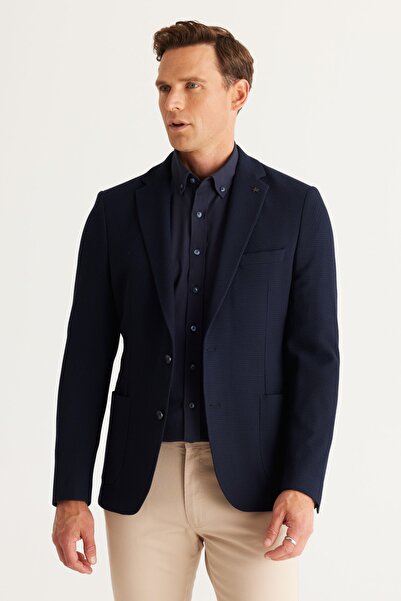 ALTINYILDIZ CLASSICS Ανδρικό μπουφάν με μονόχρωμο γιακά σε στενό κόψιμο σε μπλε Navy Slim Fit