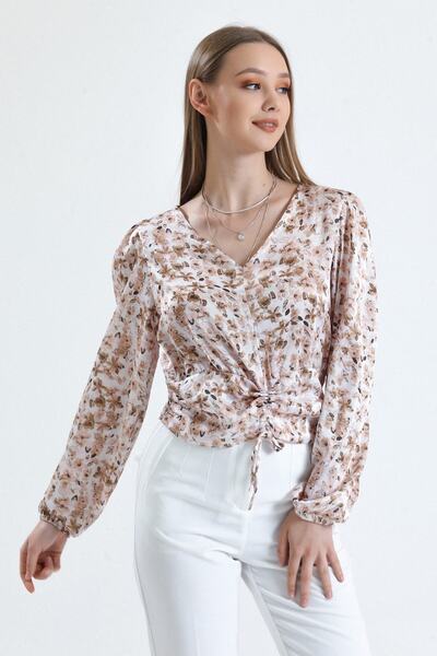 MD trend Women's Dusty Rose Front Gathered V-Neck Balloon Sleeve Summer Satin Blouse with Waist Detail