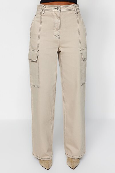 Trendyol Collection High Waist Wide Leg Jeans with Stone Cargo Pockets TWOAW24JE00220
