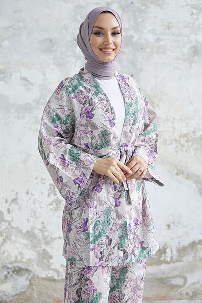 InStyle Camellia Flower Pattern Kimono Set - Purple