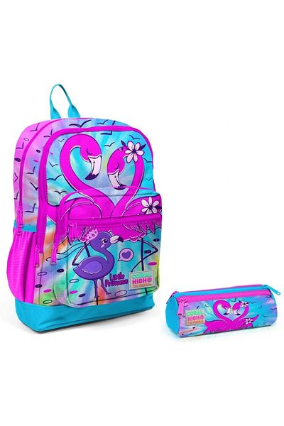 Coral High Set rucsac și suport stilou pentru școală primară Blue Pink Flamingo
