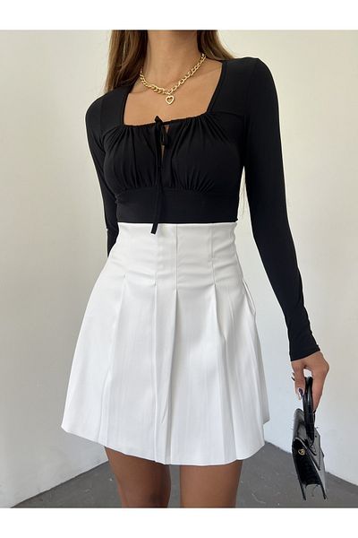 Fav Style Fustă mini din piele plisată cu talie înaltă de damă, albă