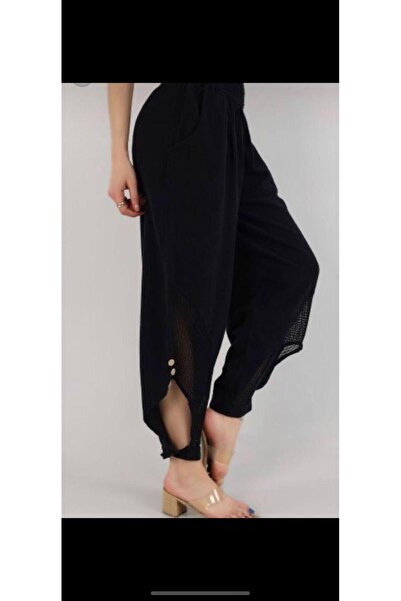 NUR TEKSTİL kadın siyah %50 Pamuk %50 Keten Beli Lastikli Paçası Düğmeli File...