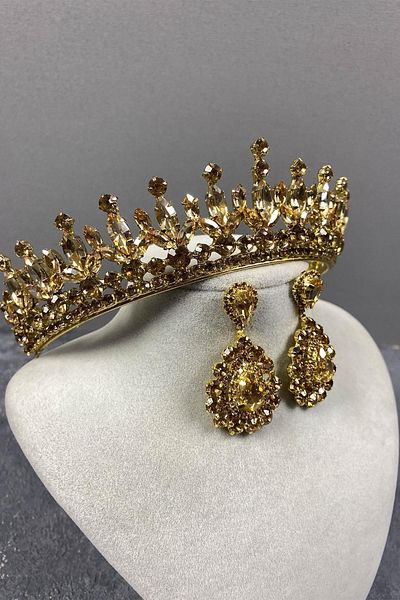 Hayalperest boncuk Petro Model Bridal Henna Crown and Shuttle Stone Earring Set Honey Color