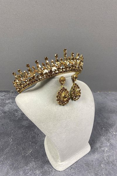 Hayalperest boncuk Petro Model Bridal Henna Crown and Shuttle Stone Earring Set Honey Color